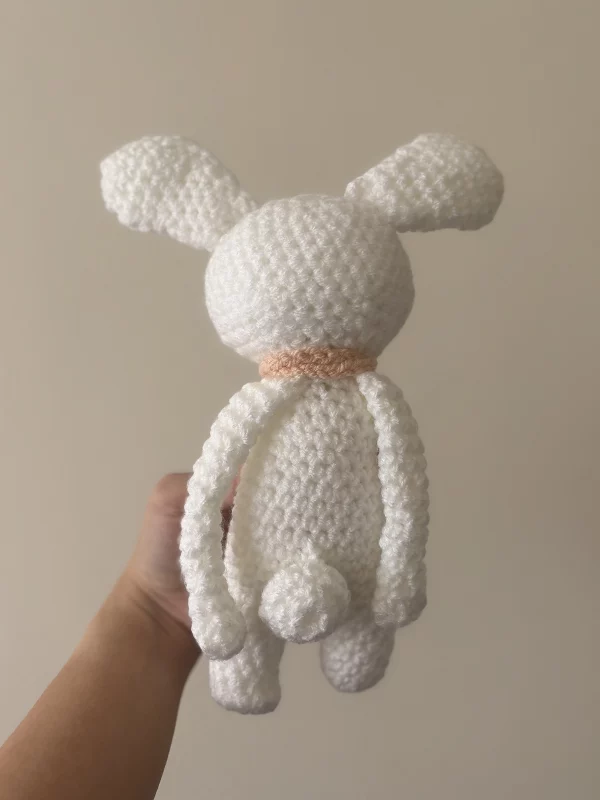 crochet bunny with little pink scarf front back